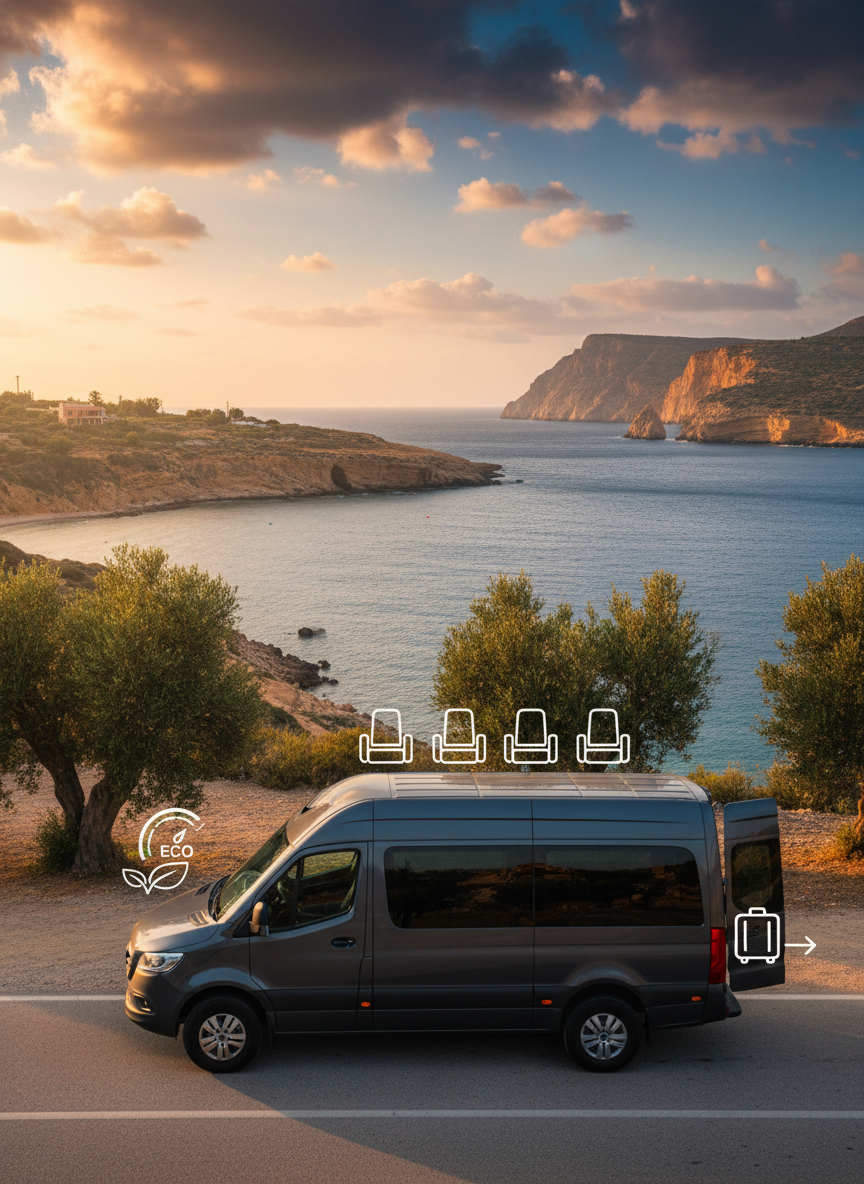 A detailed, side-on view of a dark grey mini bus parked on a coastal road near Heraklion, with the sparkling Aegean Sea and rugged Cretan cliffs stretching into the distance. Discreet overlay-style visual cues appear as non-text icons near the vehicle: a small gauge representing fuel efficiency, seats indicating capacity, and a suitcase icon hinting at luggage space. Warm late-afternoon sunlight bathes the scene, creating long, gentle shadows and a relaxed holiday feel. Photographic realism, wide-angle composition with the mini bus on the lower third and dramatic sky above, conveying both vehicle specs and the freedom of exploring Crete with family.