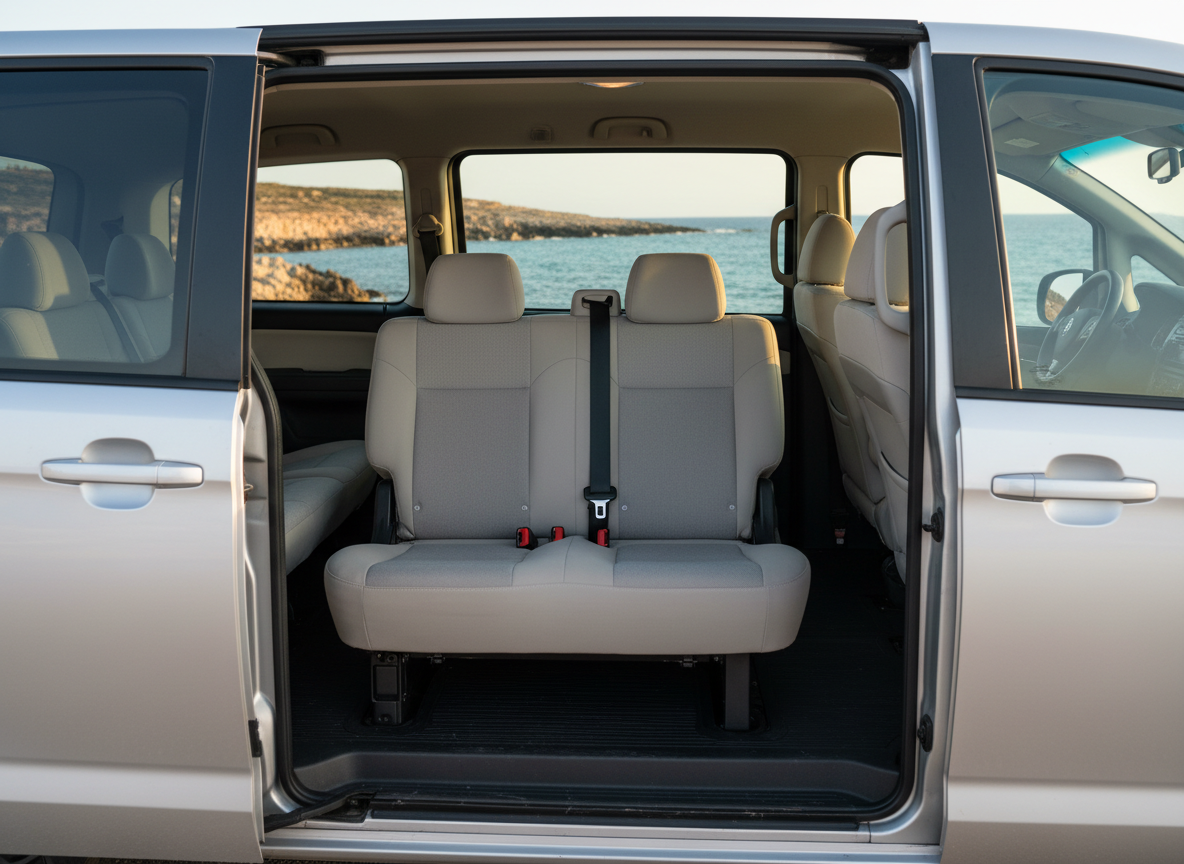 A bright, silver mini bus with sliding door open, revealing spotless, high-back fabric seats arranged in three rows, each with visible seatbelts and generous legroom. The floor is dark, rubberized and immaculate, with subtle overhead lighting running along the interior ceiling. Through the open side door, the viewer sees a hint of the Cretan coastline with turquoise sea and rocky shore in soft focus. Natural late afternoon light streams in from the side, creating a welcoming, airy atmosphere. Photographic realism, slightly elevated interior shot looking diagonally from the open door inward, showcasing comfort, safety, and space for family luggage.