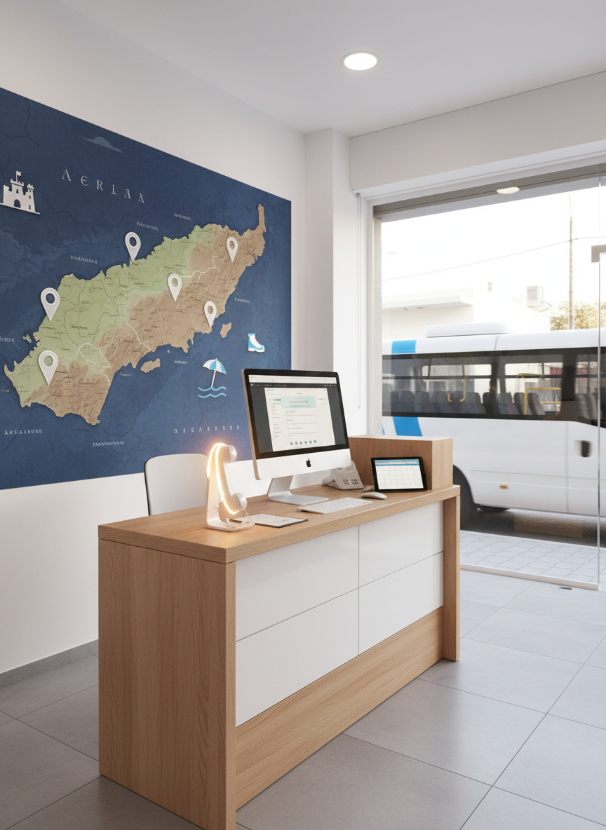A modern, compact reception counter of a local mini bus rental office in Heraklion, with a sleek desktop computer, a ringing landline phone iconically lit, and a large wall map of Crete in the background marked with subtle, non-text icons for popular family destinations. Outside the glass storefront, a mini bus is partially visible at the curb. Late morning daylight floods the space, reflecting softly off white walls and light wood surfaces, suggesting clarity and professionalism. Photographic realism, eye-level composition with balanced focus between the workspace and the map, conveying approachable, reliable customer support and easy contact options.