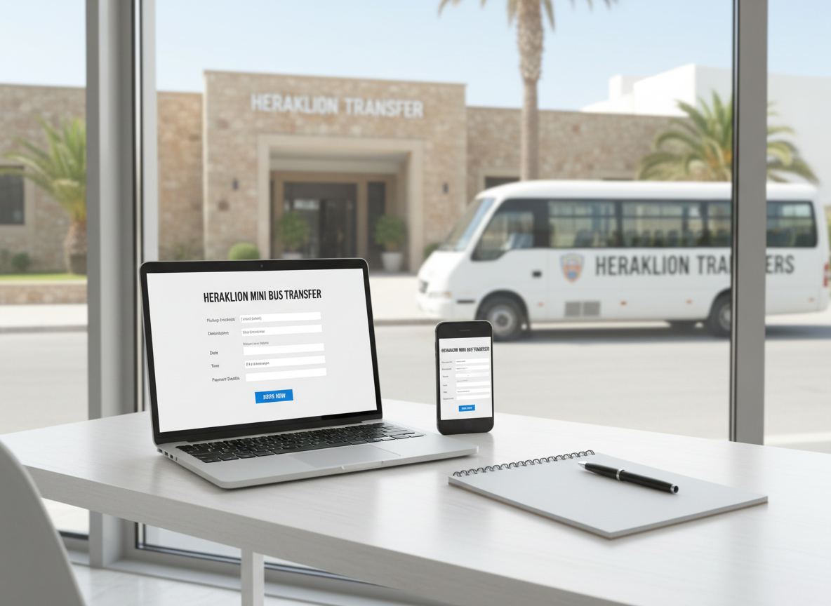A clean, minimalist desk setup in a bright office corner, showing a sleek laptop screen displaying a simple online booking form for a Heraklion mini bus transfer service. Next to the laptop sits a smartphone showing the same interface, with a small notepad and pen arranged neatly. Behind, through a large window, a softly focused view of a mini bus waiting at a hotel entrance in Crete hints at the service in action. Soft daylight illuminates the scene, creating a calm, efficient, and professional mood. Photographic realism, shot from a slightly elevated angle, with sharp focus on the devices to emphasize an easy booking process.